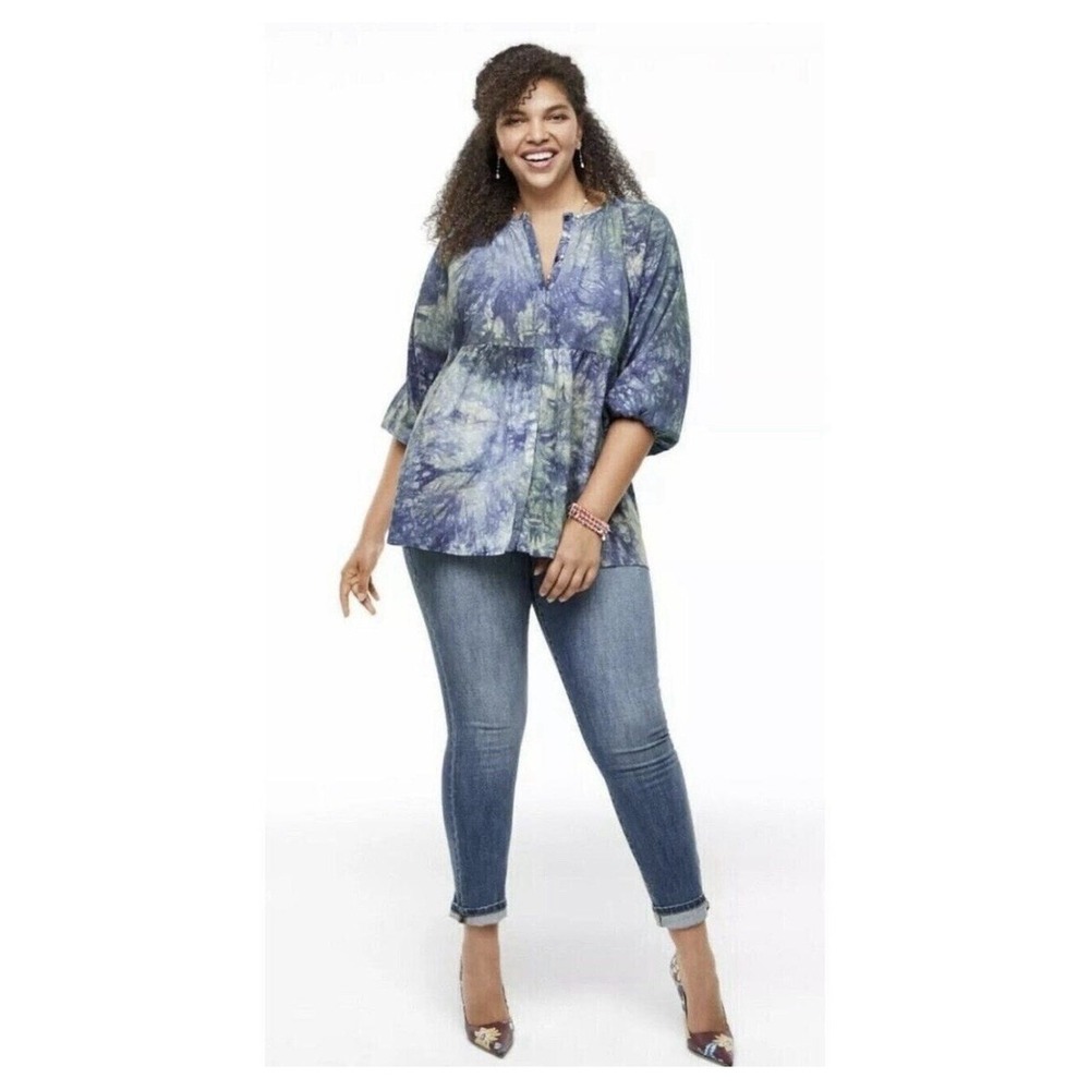 Cabi Woodstock Top Sz M Tie-Dye Linen Blend Button Up Tunic Long Sleeve Boho